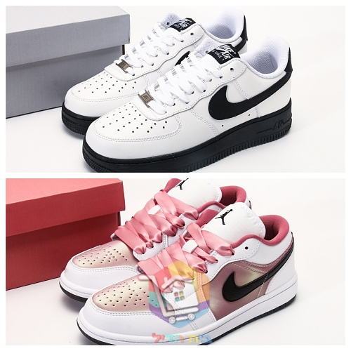 נעלי סניקרס Air Jordan 1 Low ורוד ו-Nike Air Force 1 על סוליה שחורה 21