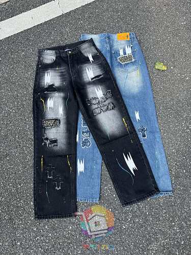 ג'ינס Chrome Hearts רחב עם קרעים בשני גוונים 9