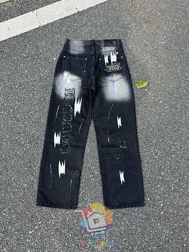 ג'ינס Chrome Hearts רחב עם קרעים בשני גוונים 15
