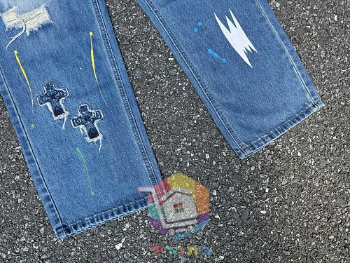 ג'ינס Chrome Hearts רחב עם קרעים בשני גוונים 17