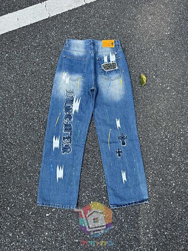 ג'ינס Chrome Hearts רחב עם קרעים בשני גוונים 31
