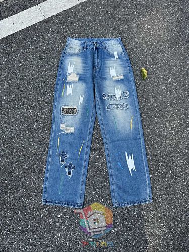 ג'ינס Chrome Hearts רחב עם קרעים בשני גוונים 32