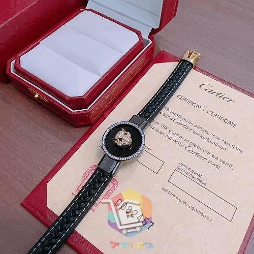 צמיד עור Cartier עם ראש פנתר על לוח שחור עגול 5