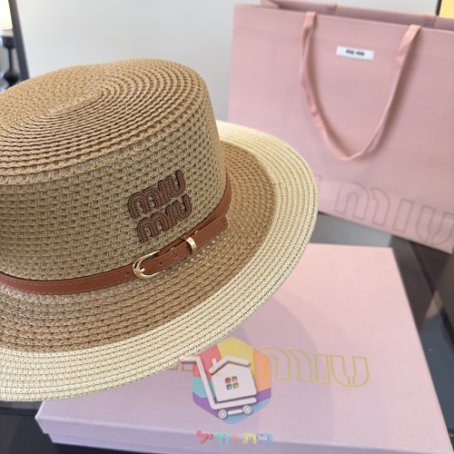 כובע קש Miu Miu עם רצועת עור 5