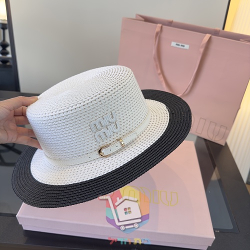 כובע קש Miu Miu עם רצועת עור 15
