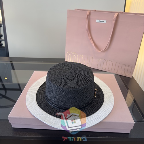 כובע קש Miu Miu עם רצועת עור 22