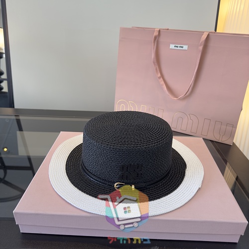 כובע קש Miu Miu עם רצועת עור 24