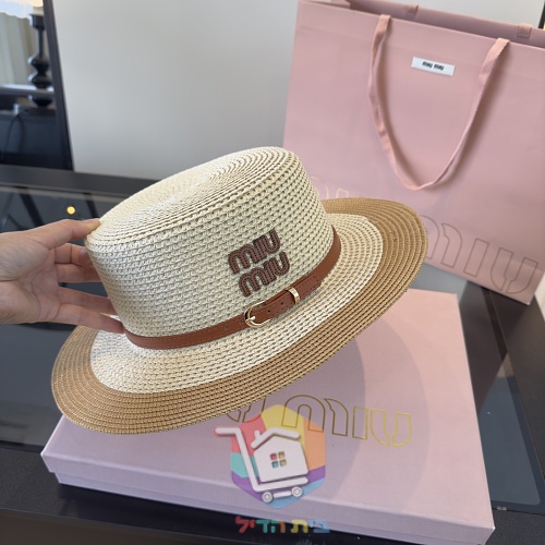 כובע קש Miu Miu עם רצועת עור 27