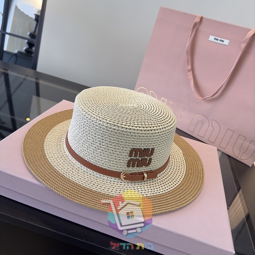 כובע קש Miu Miu עם רצועת עור 32